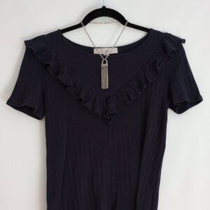 Beautiful LOFT Women's navy blue ruffle shirt XS!!  (Necklace not included)